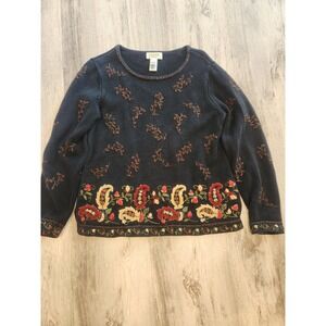 Vintage Talbots Embroidered Black Fall Florals Leaves Sweater Women's Size Small